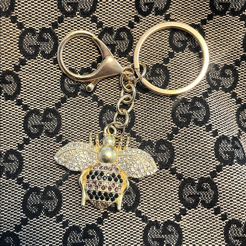 Bumblebee Bee Gold Bag Charm Keychain with Black & Purple Rhinestones